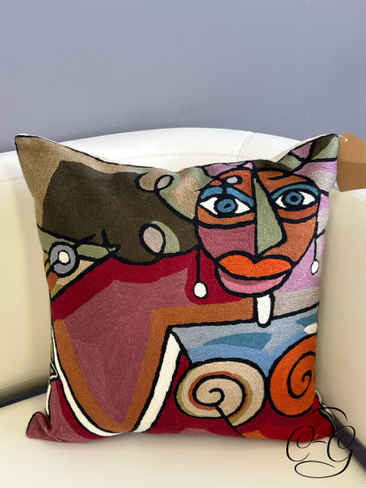 18’’ Square Wool Pillow Cover ’Red Martini’ W/Abstract Woman Green Red Purple