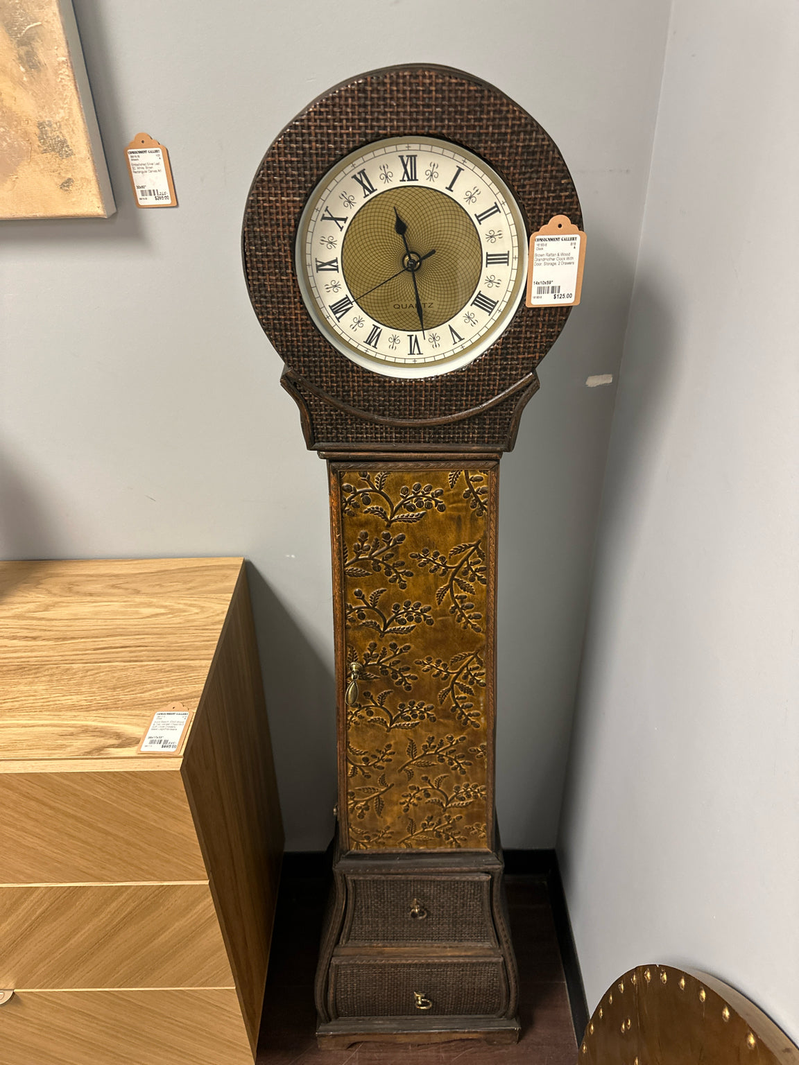 Brown Rattan & Wood Grandmother Clock With Door, Storage, 2 Drawers