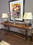 Fold Out Distressed Medium Brown Console Table W/Metal Detailing, Scrolled Base