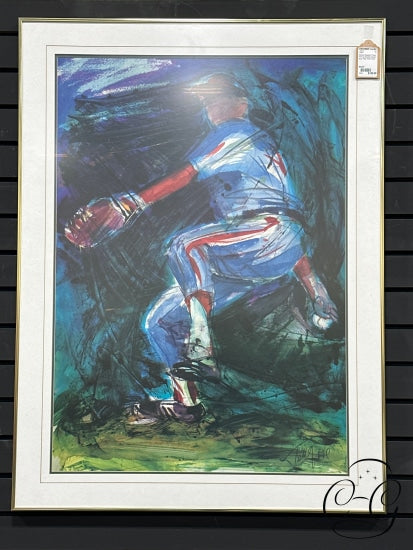 Abstract Baseball Player Pitching (Green Blue Red) Gold Frame Picture