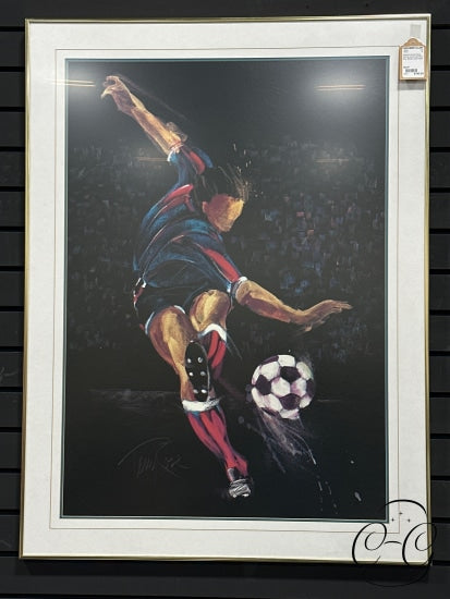 Abstract Soccer Player Kicking Ball Gold Frame Picture