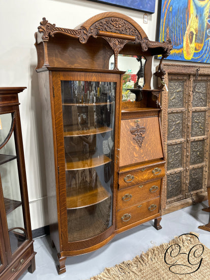 Antique Oak Mirrored Secretary Desk/Display Cabinet