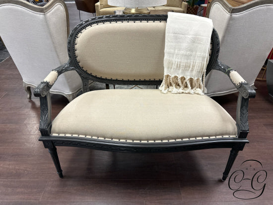 Beige Linen Fabric Settee With Dark Grey Finish Trim/Legs Nailheads