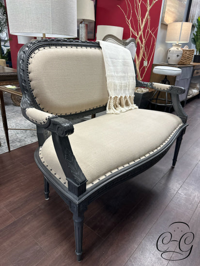 Beige Linen Fabric Settee With Dark Grey Finish Trim/Legs Nailheads