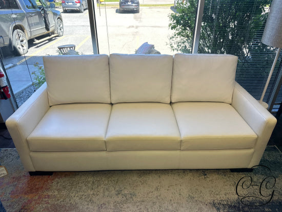 Birchwood White Leather 3 Seat Sofa W/Narrow Arms Wide Espresso Legs