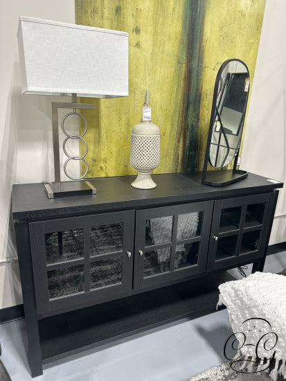 Black 3 Door Sideboard With Glass Doors Fixed Shelving Bottom Display Shelf