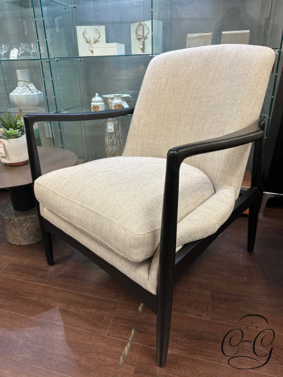 Black Finish Oak Sculpted Armchair With Linen Like Fabric Back & Seat Arm Chair