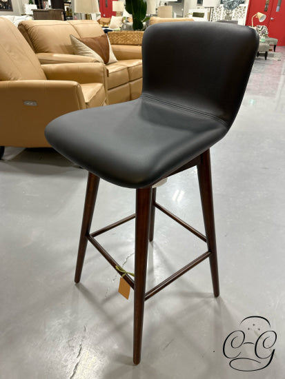 Black Leather Swivel Barstool W/Walnut Stained Rubberwood Legs