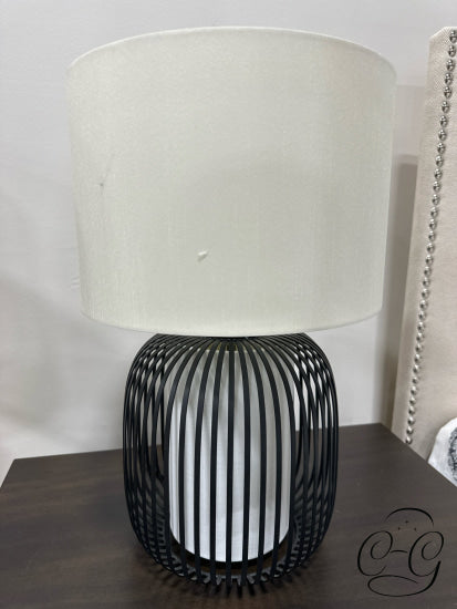 Black Metal Cage Style Base Table Lamp With White Glass Center Cream Shade