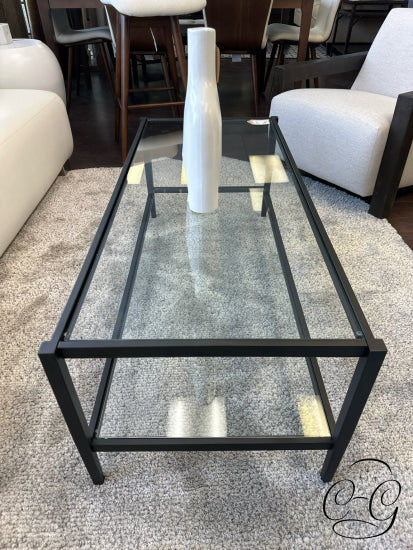 Black Metal Framed Coffee Table With Glass Top/Shelf