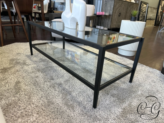 Black Metal Framed Coffee Table With Glass Top/Shelf