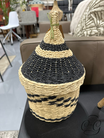 Black & Tan Wicker Container With Lid Home Decor