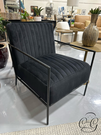 Black Velvet Channel Tufted Chair With Metal Arms/Legs