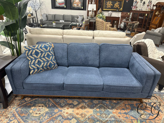 Blue Fabric 3 Seater Sofa With Walnut Finish Wood Base/Legs Double Arm