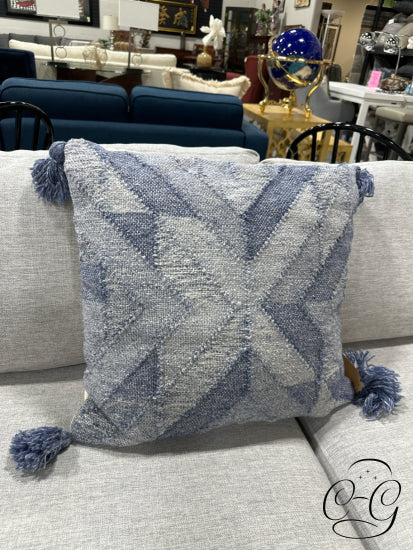 Blue Pattern Toss Pillow With Tassels