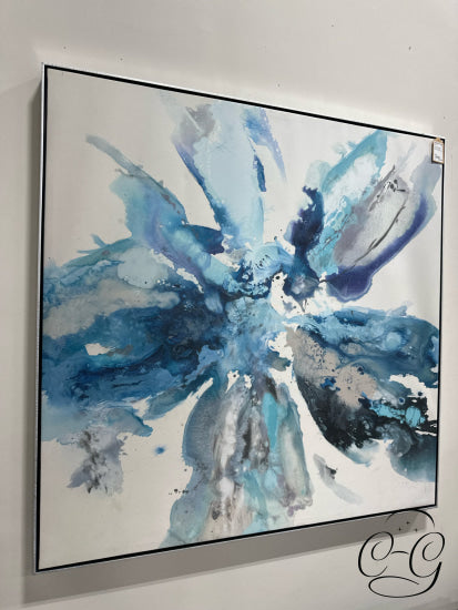 Blue White Abstract Flower Canvas Art Floating In Silver Frame Picture