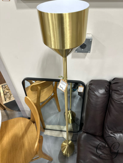 Brass Finish Steel Barbell Style Slim-Profile Floor Lamp