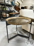 Brass & Light Burnt Oak Round Side Table With Black Iron Base Accent