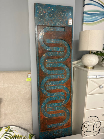 Bronze Rustic Weathered Metal Design On Blue Gold Spattered Wall Decor