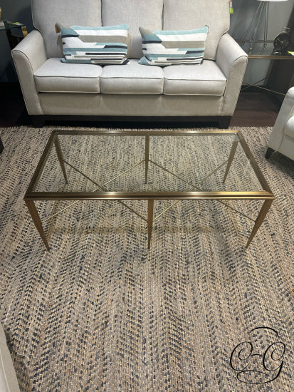 Brushed Brass Metal Framed Coffee Table With Glass Top ’X’ Base
