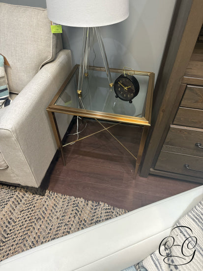 Brushed Brass Metal Framed Side Table W/Glass Top End