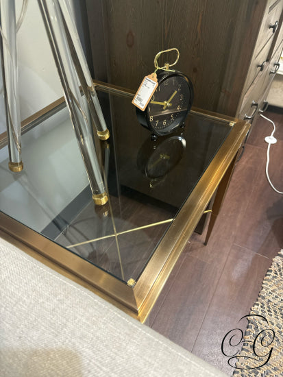 Brushed Brass Metal Framed Side Table W/Glass Top End