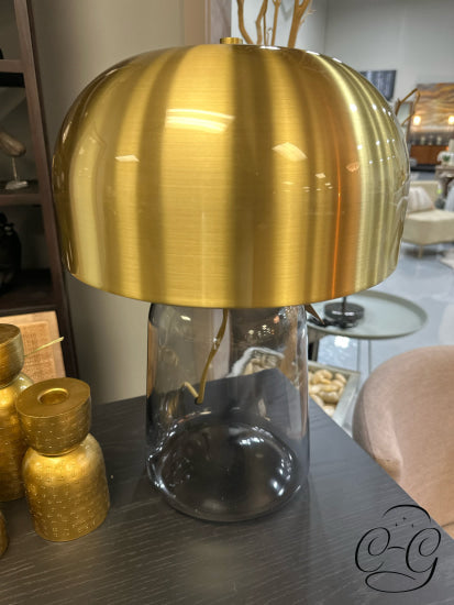 Brushed Gold Metal Dome Shade Table Lamp W/Grey Glass Base