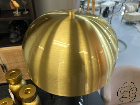 Brushed Gold Metal Dome Shade Table Lamp W/Grey Glass Base