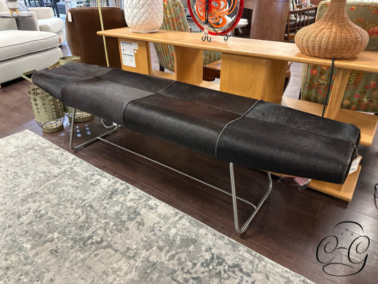 Canoe Style Black Cowhide Bench With Topstitch Dark Steel Tube Base 72x19x18’’ Bench