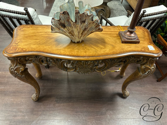 Cherry Oak Finish Large Carved Console Table With Cabriole Legs