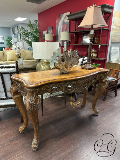 Cherry Oak Finish Large Carved Console Table With Cabriole Legs