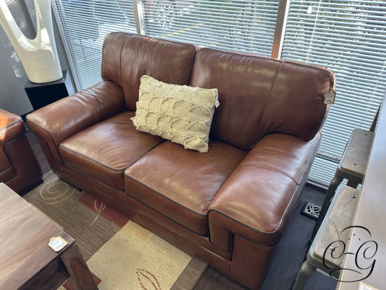 Chestnut Top Grain Leather Loveseat W/Accent Stitching Black Edging