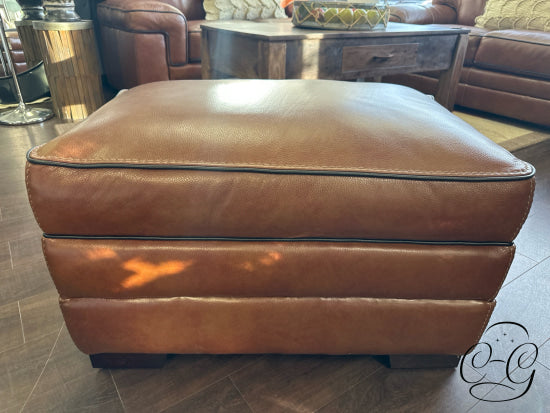 Chestnut Top Grain Leather Ottoman W/Accent Stitching Black Edging