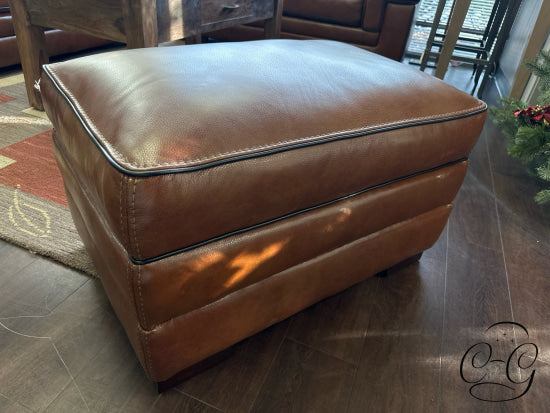 Chestnut Top Grain Leather Ottoman W/Accent Stitching Black Edging