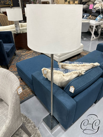 Chrome Finish Floor Lamp With Square Block Base Small White Shade