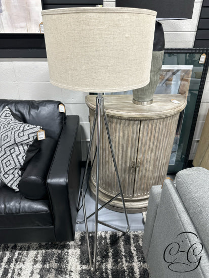 Chrome Finish Rounded Tri Leg Design Floor Lamp With Tan Shade