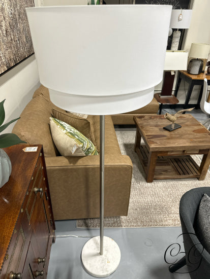 Chrome Post Floor Lamp With 2 Tiered White Shade Marble Base