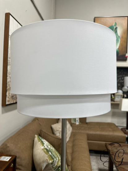 Chrome Post Floor Lamp With 2 Tiered White Shade Marble Base