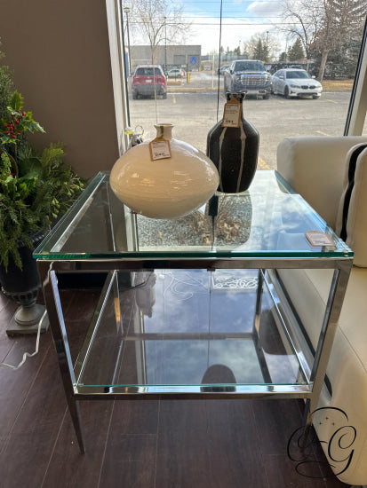 Chrome Side Table With Glass Top & Bottom Shelf End