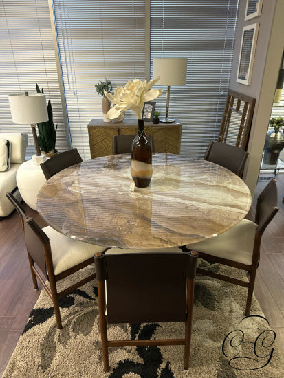 Casalife 60’’ Round Stone Illusion Beige Glass Top Dining Table W/6 Chairs 60x30’’ Dining Table and Chairs