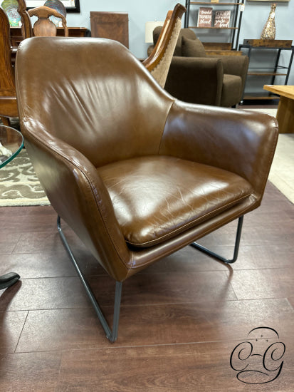 Crate & Barrel Brown Leather Armchair With Grey Metal Base