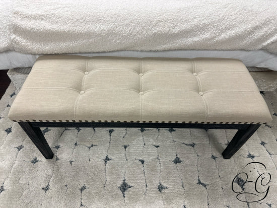 Cream Fabric Tufted Bench W/White Contrast Stitching Nailhead Detailing Dk Leg