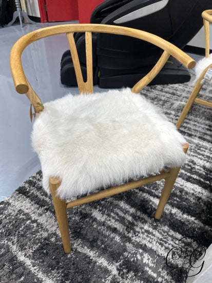 Cream Fur Seat Dining Chair With Rounded Natural Wood Frame Legs
