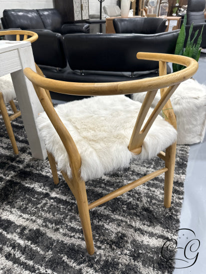 Cream Fur Seat Dining Chair With Rounded Natural Wood Frame Legs