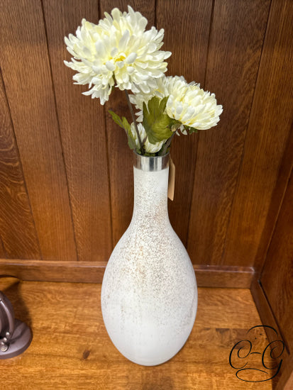 Cream Glass Vase W/Brown Speckles Silver Accent