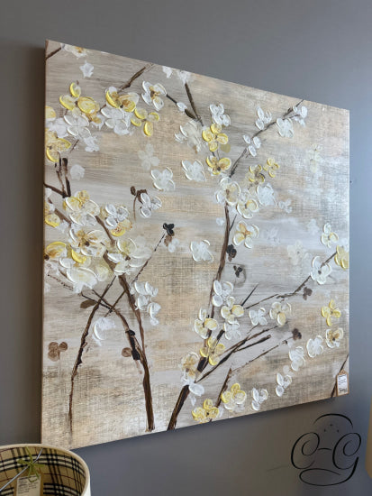Cream Peach Yellow Tones Embellished Cherry Blossom Canvas Picture