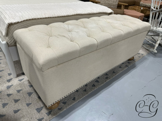 Cream Tufted Storage Ottoman W/Light Wood Bun Legs 56x20x18’’ Storage Ottoman