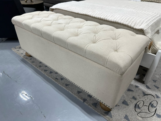 Cream Tufted Storage Ottoman W/Light Wood Bun Legs 56x20x18’’ Storage Ottoman