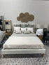 Cream Upholstered Queen Bed W/Sloped Headboard & Mattress (Never Used)