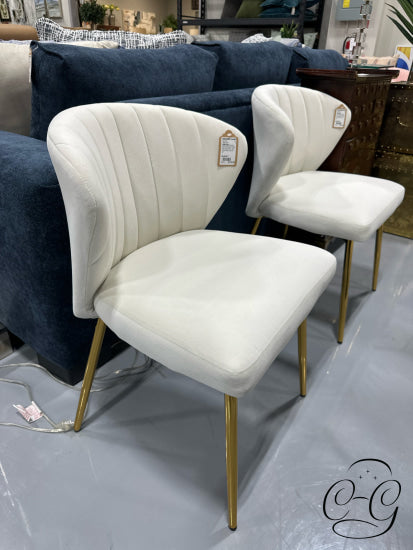 Cream Velvet Channel Tufted Accent Chair W/Clam Shell Back Gold Finish Legs